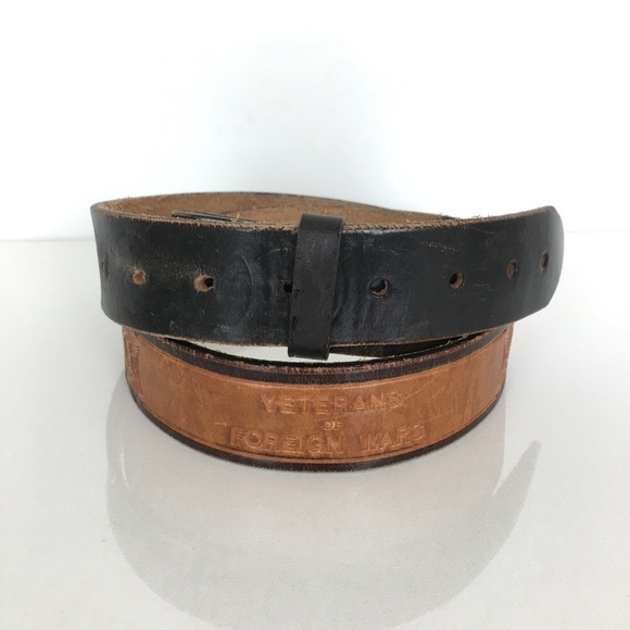 Vintage Mens Veterans of Foreign Wars Brown Leather Belt Military Service USA - Picture 1 of 8